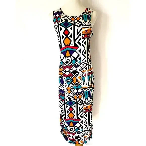 LUST N MUST Tribal Print 90s Multicolored Bodycon Sleeveless Midi Dress - Picture 7 of 7